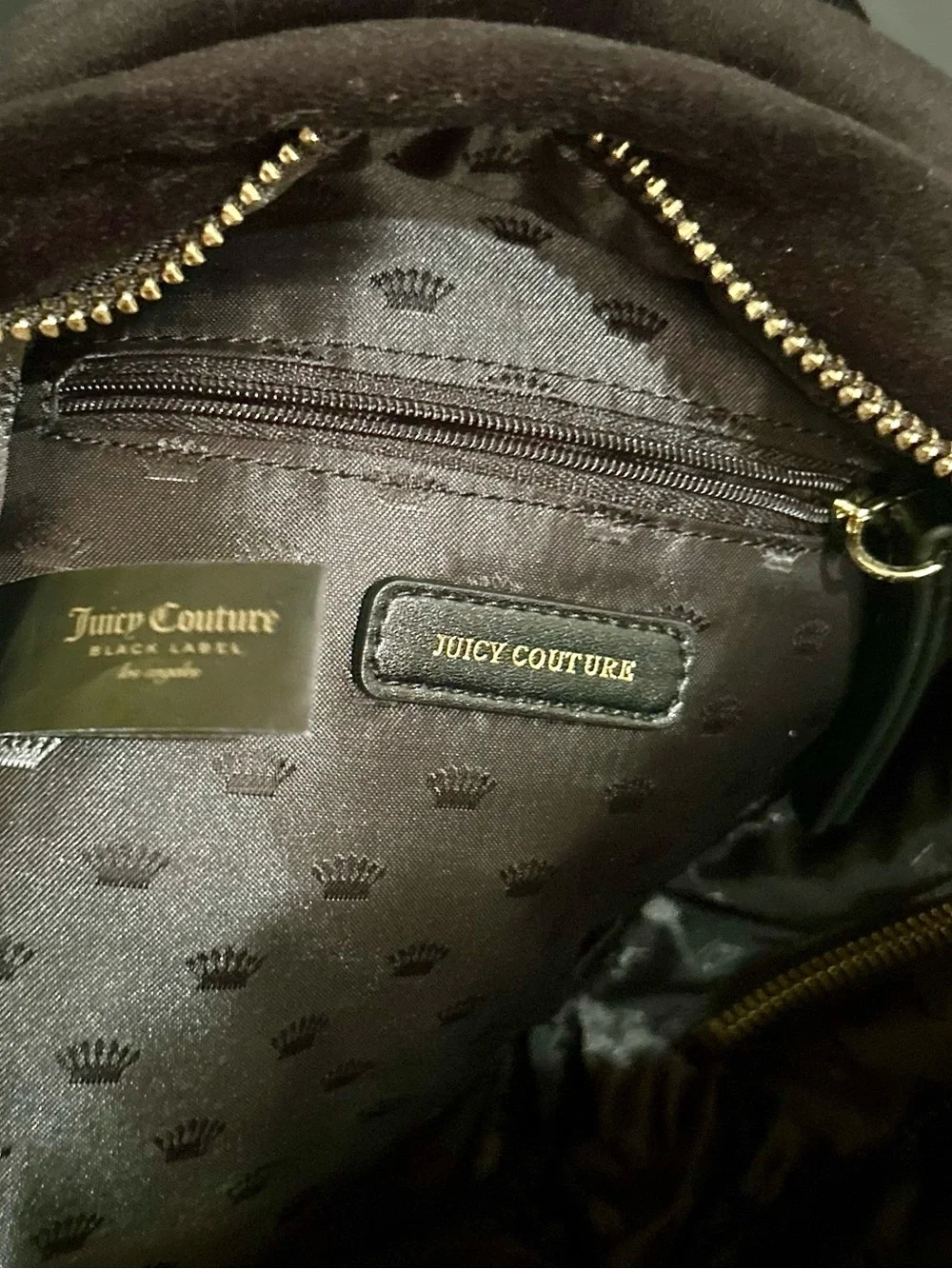 Juicy Couture Black Velvet Rhinestone Logo Mini Backpack